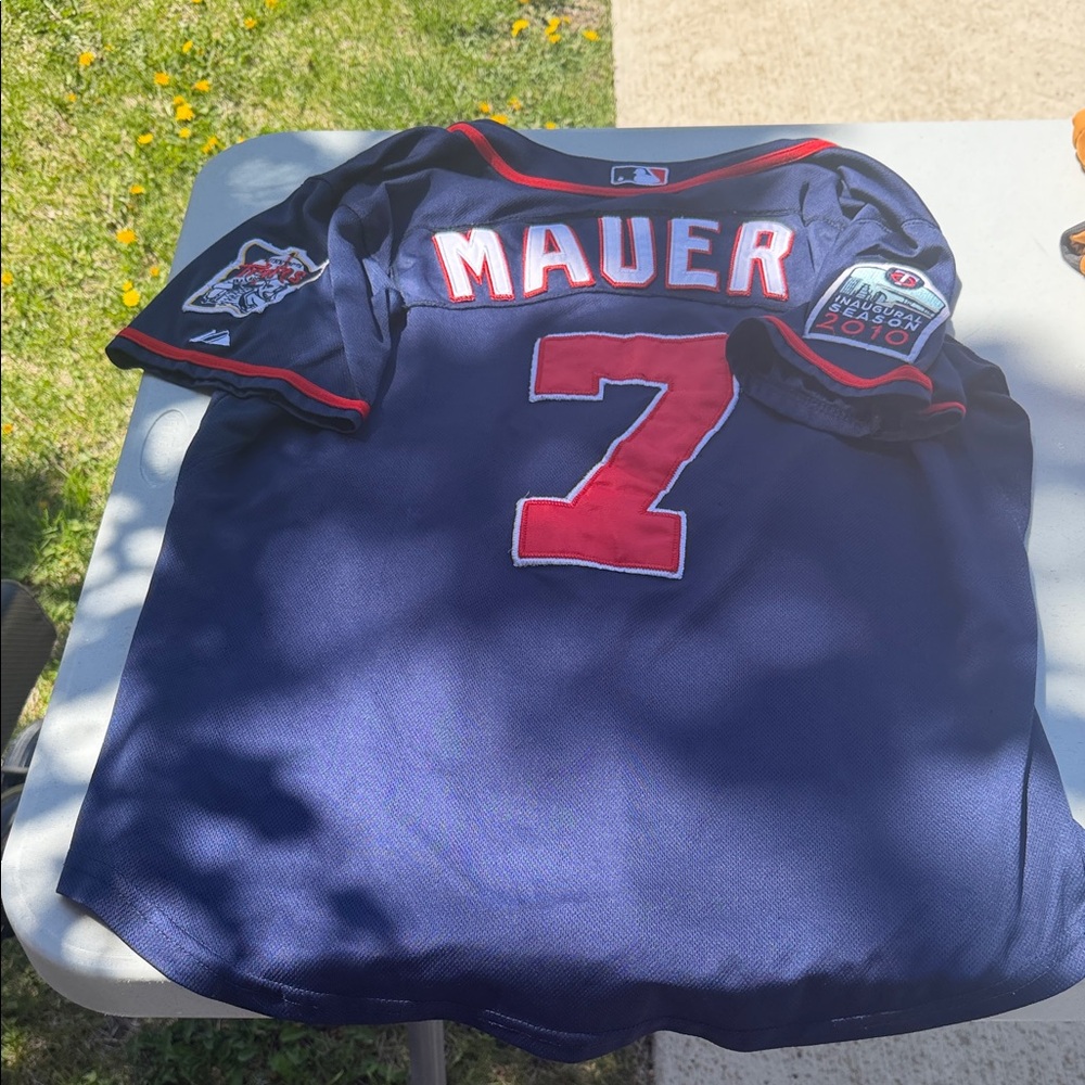 Majestic Navy and Red adult Baseball Jersey - Mauer 7